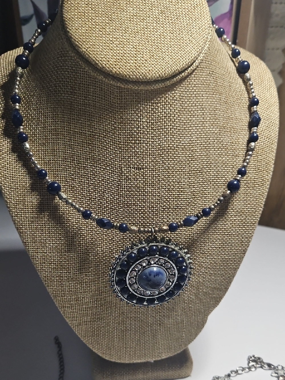 Lapis Blue Beaded Pendant Necklace - Unbranded